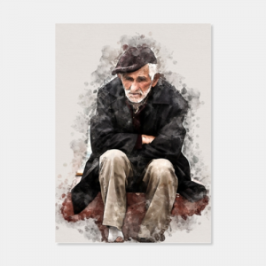 Poster mit einem armen sitzenden alten Mann als Aquarell